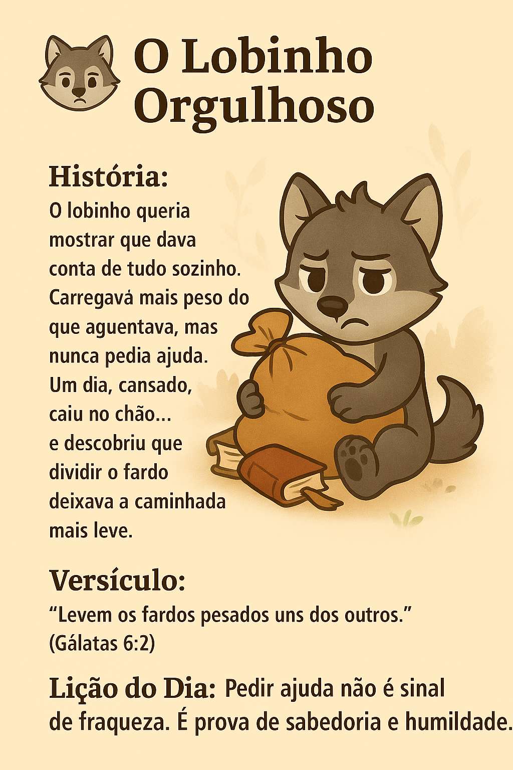 Página da parábola O Lobinho Orgulhoso, do livro 365 Parábolas Kids 2